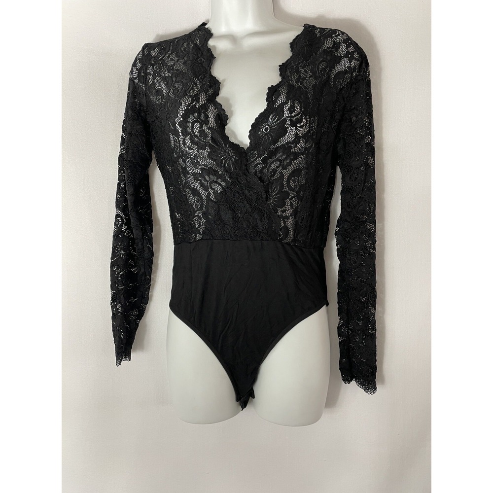 Women Lace Short Sleeve Bodysuit Sexy Deep V Snap Crotch Leotard Tops‎ Sz M